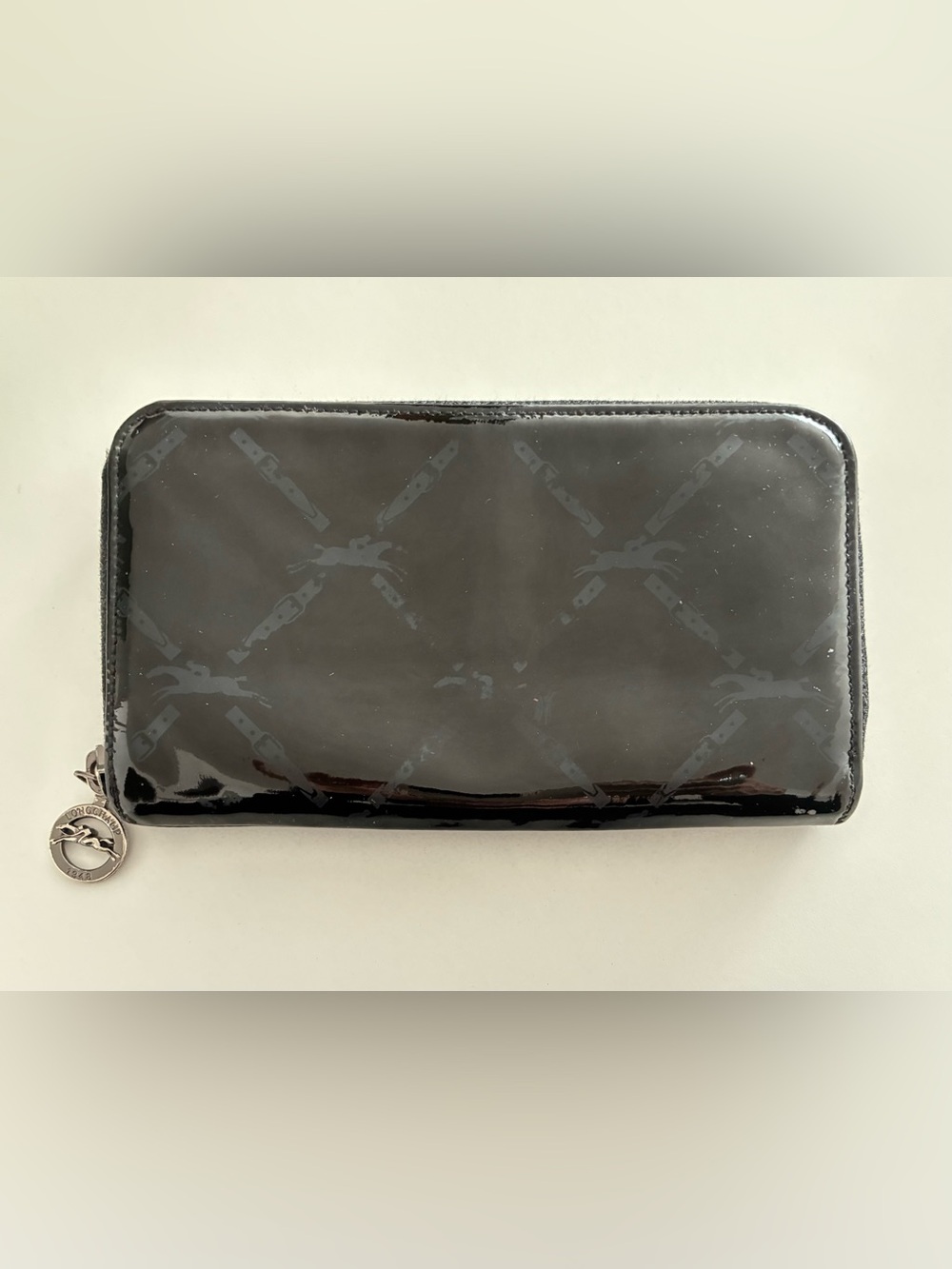 LONGCHAMP Black Patent Leather Zip Around Wallet
